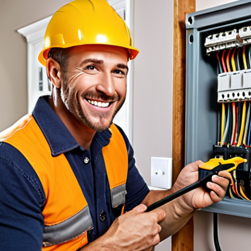 ** A friendly electrician, wearing a tool belt, smiling confidently. He is working on a modern electrical panel in a home. Focus on the expression of expertise.

**