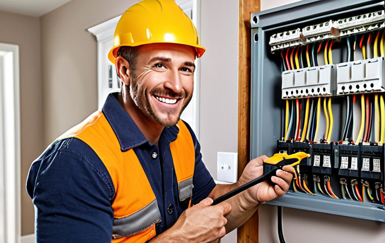 ** A friendly electrician, wearing a tool belt, smiling confidently. He is working on a modern electrical panel in a home. Focus on the expression of expertise.
**