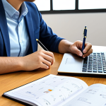 A focused young professional, fully clothed in a modest business casual outfit, sitting at a clean, modern desk. The individual is studying intently for an electrical certification exam. An open textbook on electrical engineering lies beside a laptop displaying an online course. A neatly organized planner and a mobile phone with a study application are also visible on the desk. Their well-formed hands hold a pen, poised to take notes. The setting is a well-lit and tidy home office with a blurred background suggesting a comfortable yet professional study environment. Professional photography style, high quality, perfect anatomy, correct proportions, natural pose, well-formed hands, proper finger count, natural body proportions. safe for work, appropriate content, fully clothed, professional, modest, family-friendly.